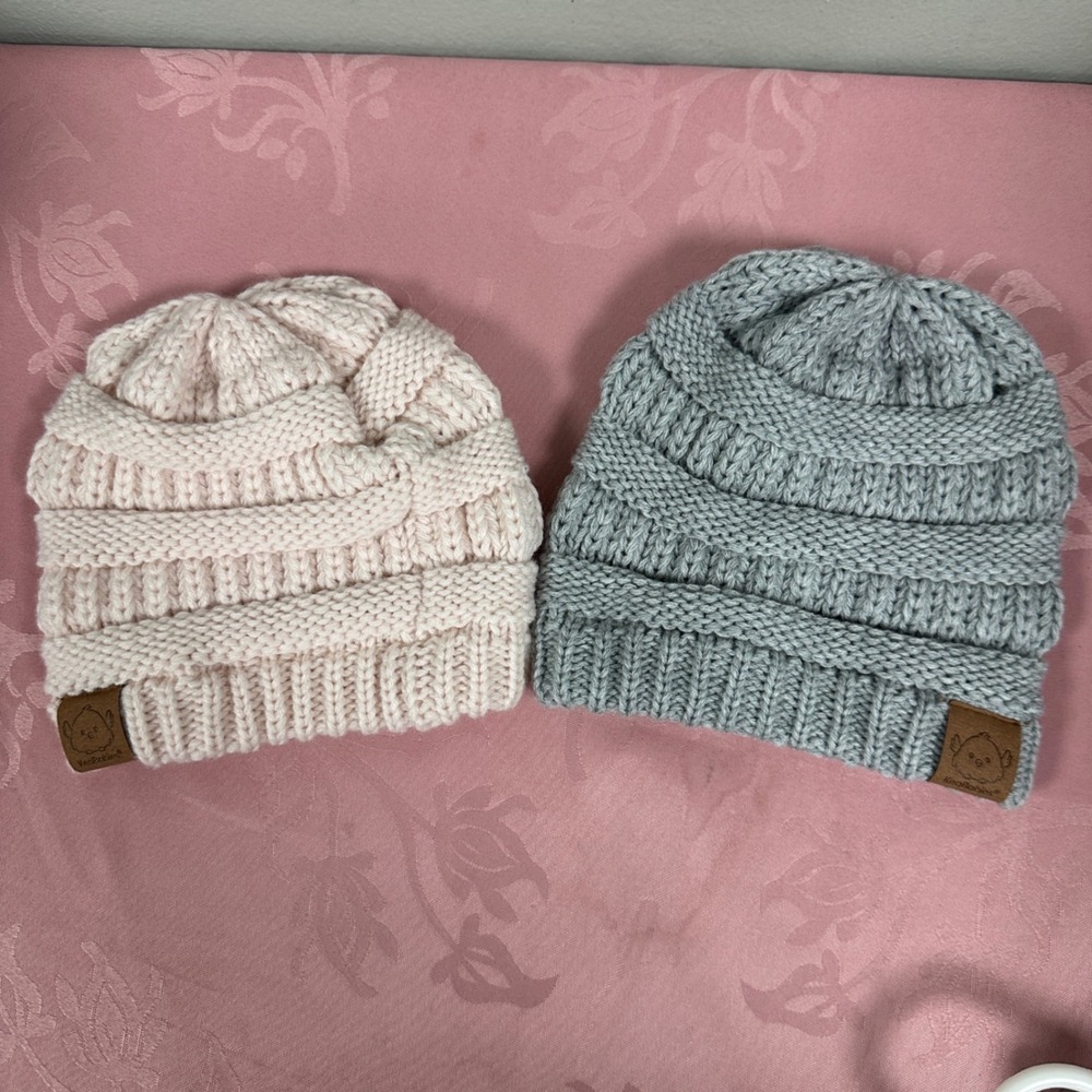 KeaBabies Kids Cable Knit Beanie Set Pink Gray Winter Ribbed Hat 2 Pack